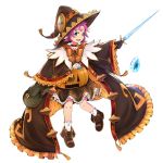  1girl bow bozugame dress facial_mark fae_(fire_emblem) fire_emblem fire_emblem:_the_binding_blade fire_emblem_heroes forehead_mark full_body green_eyes halloween_costume hat holding holding_sword holding_weapon long_sleeves open_mouth purple_hair short_hair simple_background solo sword weapon white_background wide_sleeves witch_hat 