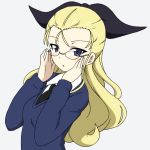  1girl adjusting_eyewear assam bespectacled black_neckwear black_ribbon blonde_hair blue_eyes blue_sweater commentary dress_shirt girls_und_panzer glasses grey_background hair_pulled_back hair_ribbon ichinose_jun light_blush long_hair long_sleeves looking_at_viewer necktie parted_lips ribbon school_uniform shirt simple_background solo st._gloriana&#039;s_school_uniform sweater upper_body v-neck white_shirt wing_collar 