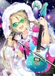  1girl absurdres blonde_hair cowboy_shot drone electric_guitar feather_trim guitar highres instrument jacket joakim_waller long_hair microphone microphone_stand one_eye_closed original pink_shirt pointing scarf shirt solo sunglasses twintails 