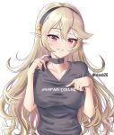  1girl alternate_costume black_hairband black_shirt choker corrin_(fire_emblem) corrin_(fire_emblem)_(female) fire_emblem fire_emblem_fates hairband highres parted_lips pointy_ears red_eyes shirt short_sleeves simple_background solo steeb26 twitter_username white_background 