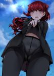  1girl ass_visible_through_thighs black_skirt blue_sky blush clouds crotch_seam from_below highres lifted_by_self looking_at_viewer midriff nemu_(nebusokugimi) open_mouth panties panties_under_pantyhose pantyhose persona persona_5 persona_5_the_royal red_eyes redhead skirt sky solo thighband_pantyhose underwear upskirt white_panties yoshizawa_kasumi 