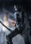  blurry blurry_background clenched_hand highres holding holding_sword holding_weapon mecha night no_humans original outdoors rain robot science_fiction smiley_face solo ssietill standing sword weapon 