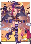  1girl absurdres ass asymmetrical_horns black_legwear black_panties blue_eyes curled_horns dragon_girl dragon_horns dragon_tail dress earrings elizabeth_bathory_(fate)_(all) elizabeth_bathory_(halloween_caster)_(fate) fang fang_out fate/grand_order fate_(series) garter_straps halloween halloween_costume hat highres holding holding_microphone horns horns_through_headwear idol jack-o&#039;-lantern jewelry kaer_sasi_dianxia long_hair microphone microphone_stand mismatched_legwear multicolored multicolored_clothes multicolored_legwear multicolored_panties orange_legwear panties pink_hair pointy_ears purple_legwear purple_panties short_dress single_over-kneehigh single_thighhigh smile solo striped striped_legwear striped_panties tail thigh-highs underwear vertical-striped_dress vertical_stripes wings witch_hat 