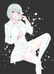  1girl :o albino bangs black_background breasts collared_dress commentary dress eyebrows_visible_through_hair fang highres invisible_chair knee_up long_sleeves looking_at_viewer medium_breasts nekoma0116 open_mouth original petals red_eyes short_hair silver_hair simple_background sitting skin_fang thigh-highs white_dress white_legwear 