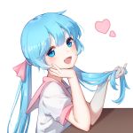  1girl 779420 :d absurdres alternate_costume blue_eyes blue_hair blush commentary_request from_side hair_ribbon hand_in_hair hand_on_own_cheek hatsune_miku heart heart-shaped_pupils highres long_hair looking_at_viewer looking_to_the_side open_mouth pink_ribbon pink_sailor_collar ribbon sailor_collar shirt short_sleeves simple_background smile symbol-shaped_pupils table upper_body vocaloid white_background white_shirt 