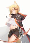  1girl :&lt; absurdres almond_(artist) animal_ear_fluff animal_ears arknights bandaged_arm bandages bangs black_cape black_scarf black_shorts blonde_hair blush bow_(weapon) cape closed_mouth commentary commentary_request cowboy_shot eyebrows_visible_through_hair grey_background hair_ornament hairclip highres holding holding_bow_(weapon) holding_weapon hood hood_down hooded_cape huge_filesize jewelry looking_at_viewer mechanical_arm navel necklace orange_eyes pendant scarf shirt short_hair short_shorts shorts simple_background solo stomach symbol_commentary tail v-shaped_eyebrows weapon white_shirt 