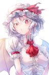  1girl ascot bangs bat_wings blush breasts colored_eyelashes commentary_request darjeeling_(reley) dress hair_between_eyes hat hat_ribbon highres looking_at_viewer mob_cap puffy_short_sleeves puffy_sleeves red_eyes red_neckwear red_ribbon remilia_scarlet ribbon short_hair short_sleeves silver_hair simple_background small_breasts solo touhou uneven_eyes upper_body white_background white_dress white_headwear wing_collar wings 