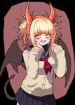  1girl bangs blonde_hair blunt_bangs blush boku_no_hero_academia breasts cardigan commentary_request demon_girl demon_tail demon_wings double_bun fake_horns fangs highres horns long_sleeves looking_at_viewer messy_hair okumari open_mouth pleated_skirt school_uniform serafuku short_hair skirt sleeves_past_wrists smile solo succubus tail teeth toga_himiko wings yellow_eyes 