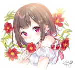  1girl artist_name bangs bare_shoulders blush brown_hair commentary_request dated dress eyebrows_visible_through_hair flower food fruit hair_ornament hairclip original pink_ribbon red_flower ribbon short_hair smile solo strawberry urim_(paintur) white_dress 