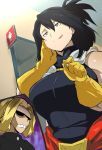  1boy 1girl all_might black_eyes black_hair blonde_hair boku_no_hero_academia breasts cafekun commentary_request gloves heart heart-shaped_pupils large_breasts mole mole_under_mouth shimura_nana sweat sweating_profusely symbol-shaped_pupils teeth toilet_symbol tongue tongue_out yellow_gloves 