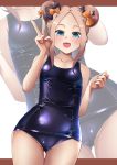  1girl abigail_williams_(fate/grand_order) bangs black_bow blonde_hair blue_eyes blue_swimsuit blush bow breasts covered_navel fate/grand_order fate_(series) forehead highres kuro_yanagi long_hair looking_at_viewer one-piece_swimsuit open_mouth orange_bow parted_bangs small_breasts smile swimsuit 