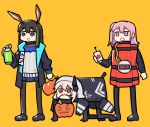  3girls amiya_(arknights) arknights brown_hair dinergate_(girls_frontline) donkey_ears dynamite girls_frontline halloween halloween_basket halloween_costume jack-o&#039;-lantern multiple_girls suicide_bomb timer trick-or-treating vento 