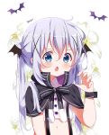  1girl artist_name bangs black_bow black_capelet black_wings blue_eyes blush bow capelet chestnut_mouth claw_pose commentary_request crop_top deyui eyebrows_visible_through_hair fang floral_background flower gochuumon_wa_usagi_desu_ka? hair_between_eyes hair_ornament halloween hand_up head_wings kafuu_chino long_hair navel open_mouth shirt signature silver_hair simple_background solo striped striped_bow twintails upper_body white_background white_flower white_shirt wings wrist_cuffs x_hair_ornament 