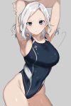  1girl armpits arms_behind_head arms_up black_swimsuit breasts commentary_request competition_swimsuit cowboy_shot cross grey_eyes highleg highleg_swimsuit highres large_breasts looking_at_viewer mashiro_(rikuya) one-piece_swimsuit original short_hair silver_hair solo standing swimsuit wet wet_clothes wet_swimsuit 