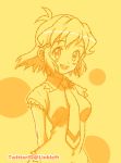  1girl breasts commentary_request hair_ornament hairclip link_(aa30) looking_at_viewer open_mouth senki_zesshou_symphogear short_hair smile solo tachibana_hibiki_(symphogear) yellow_theme 