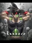  1boy absurdres adjusting_clothes adjusting_headwear armor arms_up backlighting bandana bardock black_eyes black_hair blurry blurry_background character_name collarbone commentary_request dragon_ball dragon_ball_z expressionless floating_rock frown glowing grey_background haru8699 highres letterboxed looking_at_viewer male_focus monkey_tail muscle pectorals red_bandana scouter serious simple_background spiky_hair standing tail upper_body wristband 