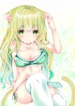  1girl animal_ear_fluff animal_ears arm_support arm_up bangs bare_arms bare_shoulders blush bow bow_bra bra breasts cat_ears cat_girl cat_tail closed_mouth collarbone commentary_request eyebrows_visible_through_hair frilled_bra frills green_bra green_eyes green_hair green_panties hair_between_eyes knee_up long_hair medium_breasts multicolored_hair nanase_nao navel original panties plaid plaid_bra side-tie_panties sitting solo tail thigh-highs two-tone_hair underwear very_long_hair white_legwear 