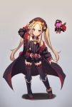  1girl abigail_williams_(fate/grand_order) arm_up bangs belt belt_buckle beret black_bow black_dress black_footwear black_headwear black_jacket black_legwear blonde_hair blue_eyes blush bow buckle chain closed_mouth cosplay dress eyebrows_visible_through_hair fate/grand_order fate_(series) frilled_dress frills full_body grey_background hat helena_blavatsky_(fate/grand_order) helena_blavatsky_(fate/grand_order)_(cosplay) jacket long_hair long_sleeves looking_at_viewer miya_(pixiv15283026) open_clothes open_jacket orange_bow parted_bangs peaked_cap red_belt ribbed_legwear salute shadow shoes short_dress smile solo standing strapless strapless_dress thigh-highs twintails very_long_hair 