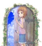  1girl bangs blue_shorts blue_sky brown_eyes brown_hair closed_mouth clouds cloudy_sky commentary_request denim denim_shorts door eyebrows_visible_through_hair from_side girls_und_panzer goripan highres ivy looking_at_viewer nishizumi_miho opening_door partial_commentary pink_shirt shirt short_hair shorts sky smile solo standing tank_top waving younger 