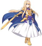  1girl alice_schuberg armor blonde_hair blue_eyes commentary_request dress floating_hair full_body hair_between_eyes hair_ribbon hairband holding long_hair looking_at_viewer ribbon shiseki_hirame simple_background solo standing sword sword_art_online_alicization very_long_hair weapon white_background white_hairband white_ribbon 