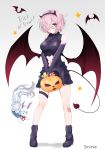  1girl absurdres artist_name bare_shoulders bat_wings blush boots breasts commentary_request fake_horns fate/grand_order fate_(series) fou_(fate/grand_order) glasses hair_ornament hair_over_one_eye halloween highres holding horns large_breasts looking_at_viewer mash_kyrielight navel pumpkin purple_hair short_hair simple_background solo soveno star tail trick_or_treat violet_eyes white_background wings 