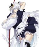  1girl anastasia_(fate/grand_order) apron blue_eyes bnc_(bunshi) breasts broom choker fate/grand_order fate_(series) hairband huge_breasts long_hair maid maid_apron silver_hair smile thigh-highs very_long_hair white_background 