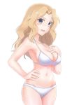  1girl absurdres bikini blonde_hair blue_eyes breasts commentary cowboy_shot ennui_orz girls_und_panzer groin hair_intakes hand_on_hip hand_on_own_chest highres kay_(girls_und_panzer) light_blush long_hair looking_at_viewer medium_breasts navel open_mouth simple_background smile solo swimsuit white_background white_bikini 