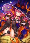  1girl bangs black_legwear blue_eyes blush capelet chie00chan closed_mouth cowboy_shot demon_tail detached_sleeves dress elizabeth_bathory_(fate) elizabeth_bathory_(fate)_(all) elizabeth_bathory_(halloween_caster)_(fate) fangs fate/grand_order fate_(series) hair_between_eyes halloween hat highres horns long_hair looking_at_viewer open_mouth panties purple_hair sidelocks skirt smile solo striped striped_panties tail thigh-highs underwear vertical_stripes witch_hat 