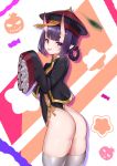  1girl ass bangs black_dress bow braid commentary_request dress eyebrows_visible_through_hair fang fate/grand_order fate_(series) grey_legwear hair_bow halloween hands_up hat highres horns jack-o&#039;-lantern jiangshi long_sleeves mo_ying_yu ofuda oni oni_horns parted_lips purple_hair qing_guanmao red_bow red_headwear short_dress short_eyebrows shuten_douji_(fate/grand_order) skindentation sleeves_past_fingers sleeves_past_wrists solo star thick_eyebrows thigh-highs tongue tongue_out violet_eyes wide_sleeves 