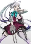  1girl ahoge asashimo_(kantai_collection) boushi-ya dress from_below gradient_hair grey_eyes grey_hair hair_over_one_eye halterneck highres holding_turret kantai_collection long_hair looking_at_viewer looking_down multicolored_hair ponytail purple_dress purple_legwear remodel_(kantai_collection) school_uniform silver_hair simple_background sleeves_rolled_up solo thigh-highs white_background 