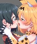  2girls animal_ear_fluff animal_ears bare_shoulders black_gloves black_hair blonde_hair blue_eyes blush bow bowtie breath close-up commentary_request elbow_gloves extra_ears fangs gloves highres kaban_(kemono_friends) kemono_friends multiple_girls nekonyan_(inaba31415) no_hat no_headwear open_mouth print_gloves print_neckwear red_shirt serval_(kemono_friends) serval_ears serval_print shirt short_hair short_sleeves sleeveless t-shirt wavy_mouth yellow_eyes yuri 