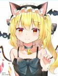  1girl alternate_costume alternate_headwear animal_ear_fluff animal_ears arm_up bare_shoulders bat black_choker black_dress blonde_hair blue_bow blush bow cat_ears choker collarbone commentary_request dress english_text eyebrows_visible_through_hair fang fang_out fingernails flandre_scarlet hair_between_eyes hair_ribbon hairband halloween happy_halloween highres iyo_(ya_na_kanji) lolita_hairband looking_at_viewer neck_bell partial_commentary paw_pose red_eyes ribbon short_hair side_ponytail simple_background sleeveless sleeveless_dress smile solo symbol_commentary touhou upper_body white_background wings wrist_cuffs 