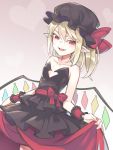  1girl :d alternate_costume asutora bangs bare_arms bare_shoulders black_headwear blonde_hair blush bow breasts collarbone commentary_request cowboy_shot fangs flandre_scarlet gradient gradient_background grey_background hair_between_eyes hat hat_bow heart long_hair looking_at_viewer mob_cap open_mouth pointy_ears red_bow red_eyes red_nails red_sash red_skirt sash sidelocks skirt small_breasts smile solo standing strapless touhou tsurime white_background wrist_cuffs 