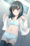  1girl asashio_(kantai_collection) ass_visible_through_thighs bangs black_hair black_legwear blue_bra blue_eyes blue_panties blurry blurry_background blush bow bow_bra bow_panties bra breasts closed_mouth collarbone comah commentary_request depth_of_field eyebrows_visible_through_hair hands_up highres indoors kantai_collection locker long_hair long_sleeves navel open_clothes open_shirt panties shirt skindentation small_breasts smile solo standing thigh-highs thigh_gap underwear white_shirt 