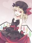  1girl :d alternate_costume asutora bangs bare_arms bare_shoulders black_headwear blonde_hair blush bow breasts collarbone commentary cowboy_shot fangs flandre_scarlet gradient gradient_background grey_background hair_between_eyes hat hat_bow heart long_hair looking_at_viewer mob_cap open_mouth pointy_ears red_bow red_eyes red_nails red_sash red_skirt sash sidelocks skirt small_breasts smile solo standing strapless touhou tsurime white_background wrist_cuffs 