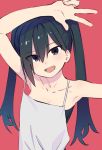  1girl aki_poi arm_up armpits bangs bare_arms bare_shoulders black_dress black_eyes black_hair collarbone commentary_request dress eyebrows_visible_through_hair hair_between_eyes long_hair original red_background simple_background solo strapless strapless_dress twintails upper_body w 