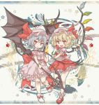  2girls :3 apple blonde_hair blush bow chibi closed_mouth eyebrows_visible_through_hair fang fire flandre_scarlet food fruit hat highres holding holding_food holding_fruit kolshica lavender_hair looking_at_viewer mob_cap multiple_girls open_mouth red_bow red_eyes red_footwear remilia_scarlet short_hair smile touhou white_footwear wings 
