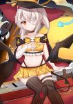  1girl ayanami_(azur_lane) ayanami_(witch_in_ambush)_(azur_lane) azur_lane bandage_over_one_eye bandaged_arm bandages bat black_headwear black_legwear choker collarbone commentary_request crop_top demon_tail halloween halloween_costume hand_on_own_chest hat highleg hitodama kuaua long_hair looking_at_viewer midriff miniskirt navel orange_skirt ponytail red_eyes silver_hair sitting skirt smile solo striped striped_legwear tail thigh-highs thigh_strap witch_hat wristband zettai_ryouiki 