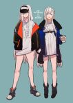  2girls azur_lane bare_legs baseball_cap belfast_(azur_lane) black_headwear black_jacket blue_coat blue_eyes boots casual coffee_cup collar cup disposable_cup dress earrings english_text enterprise_(azur_lane) full_body fur_trim gradient_clothes hair_over_one_eye hands_in_pockets hat highres holding_hands hood hood_up hoodie_dress jacket jewelry long_hair looking_at_viewer multiple_girls ribbed_sweater shoes silver_hair sleeves_past_wrists smile sneakers standing sweater sweater_dress u_nagidon very_long_hair violet_eyes white_headwear 