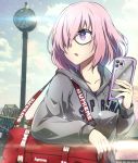  1girl :o alternate_costume bag black-framed_eyewear blue_sky bright_pupils casual cellphone clock collarbone day drawstring duffel_bag fate/grand_order fate_(series) glasses grey_jacket hair_over_one_eye highres holding holding_cellphone holding_phone hood hood_down hooded_jacket iphone jacket lens_flare long_sleeves looking_away looking_to_the_side mash_kyrielight open_mouth outdoors parted_lips phone pink_hair revision short_hair sky smartphone solo sunlight tom_(drpow) upper_body violet_eyes 