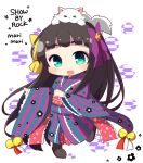  1girl :d animal animal_on_head bangs bell black_footwear black_hair boots bow character_name commentary_request copyright_name green_eyes hair_bow japanese_clothes jingle_bell kimono long_hair long_sleeves looking_at_viewer mari_mari obi on_head purple_bow rensei sash short_eyebrows show_by_rock!! sleeves_past_wrists smile solo standing standing_on_one_leg striped striped_kimono thick_eyebrows vertical-striped_kimono vertical_stripes very_long_hair wide_sleeves yagasuri yellow_bow 