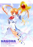  1girl absurdres blush boots bow character_name copyright_name feathers ferret floating floating_hair highres huge_filesize jacket left-handed looking_at_viewer lyrical_nanoha magical_girl mahou_shoujo_lyrical_nanoha raising_heart redhead shoes sky smile solo source_request staff takamachi_nanoha tom_(1art.) twintails uniform upskirt violet_eyes watermark web_address winged_shoes wings yuuno_scrya 
