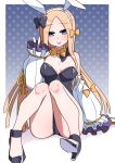  1girl abigail_williams_(fate/grand_order) akitokage01 ass bangs bare_shoulders black_bow black_leotard blonde_hair blue_background blue_eyes blush bow bowtie breasts closed_mouth collarbone detached_collar fate/grand_order fate_(series) forehead gradient gradient_background hair_bow highres knees_together_feet_apart leotard long_hair looking_at_viewer multiple_bows orange_bow orange_ribbon parted_bangs polka_dot polka_dot_bow puffy_sleeves ribbed_sleeves ribbon sitting sleeves_past_wrists small_breasts smile solo thighs tongue tongue_out v 