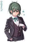  1girl alternate_costume alternate_hairstyle bow butler cowboy_shot ebifurya eyebrows_visible_through_hair eyepatch formal gloves green_bow green_eyes green_hair hand_in_pocket highres kantai_collection kiso_(kantai_collection) looking_at_viewer short_hair simple_background solo striped_suit suit twitter_username vest white_background white_gloves 