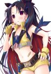 1girl bandaid bangs bare_shoulders belt belt_buckle black_belt black_hair black_ribbon blush buckle collarbone commentary_request earrings eyebrows_behind_hair fate/grand_order fate_(series) fingerless_gloves fingernails gloves hair_ribbon hands_on_hips highres ishtar_(fate/grand_order) jewelry ko_yu long_hair multicolored_hair nail_polish navel open_clothes open_vest parted_bangs parted_lips pink_nails red_eyes redhead ribbon short_shorts shorts simple_background solo space_ishtar_(fate) two-tone_hair very_long_hair vest white_background yellow_gloves yellow_shorts yellow_vest 