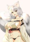  1girl absurdres animal_ear_fluff animal_ears bare_shoulders black_panties breast_hold breasts collarbone detached_sleeves dominique_(dom1nique_ktn) fox_ears fox_girl fox_tail highres large_breasts large_tail midriff navel orange_eyes original panties short_hair silver_hair smile solo tail tongue tongue_out underwear white_background wide_sleeves 