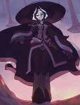  1girl black_cape black_coat black_hair blurry blurry_background cape english_commentary from_below full_body hat looking_at_viewer looking_down made_in_abyss multicolored_hair ozen parted_lips rtil short_hair solo standing two-tone_hair whistle white_hair 