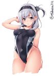  1girl alternate_costume black_swimsuit blue_eyes breasts competition_swimsuit covered_navel cowboy_shot ebifurya eyebrows_visible_through_hair highleg highleg_swimsuit highres kantai_collection looking_at_viewer medium_breasts one-piece_swimsuit one_side_up parted_lips silver_hair suzutsuki_(kantai_collection) swimsuit thighs 