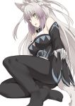  1girl agrius_metamorphosis ahoge animal_ears atalanta_(alter)_(fate) atalanta_(fate) bangs bare_shoulders black_collar breasts cat_ears collar commentary_request eyebrows_visible_through_hair fate/apocrypha fate/grand_order fate_(series) green_eyes large_breasts long_hair looking_at_viewer no_shoes shiseki_hirame silver_hair solo tail very_long_hair 