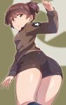  1girl :o alisa_(girls_und_panzer) ass bomber_jacket brown_eyes brown_hair em freckles girls_und_panzer jacket looking_at_viewer saunders_military_uniform shorts side_ponytail solo tan_background 